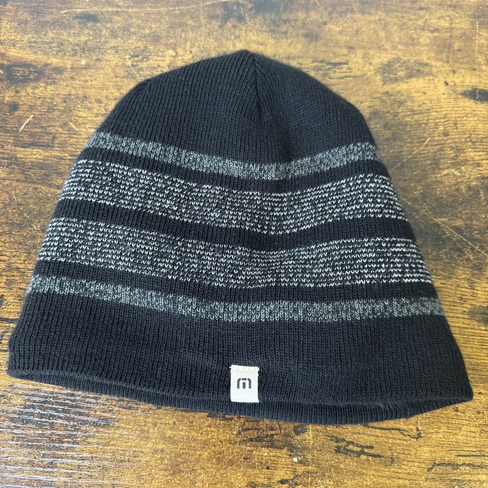 Travis Mathew Forty Love Golf Beanie Sherpa Lined Black Gray Striped OSFM NEW